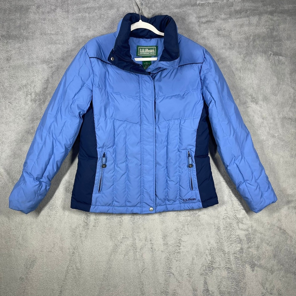 LL Bean Puffer Jacket Womens L Blue Goose Down Insulated Colorblock Coat